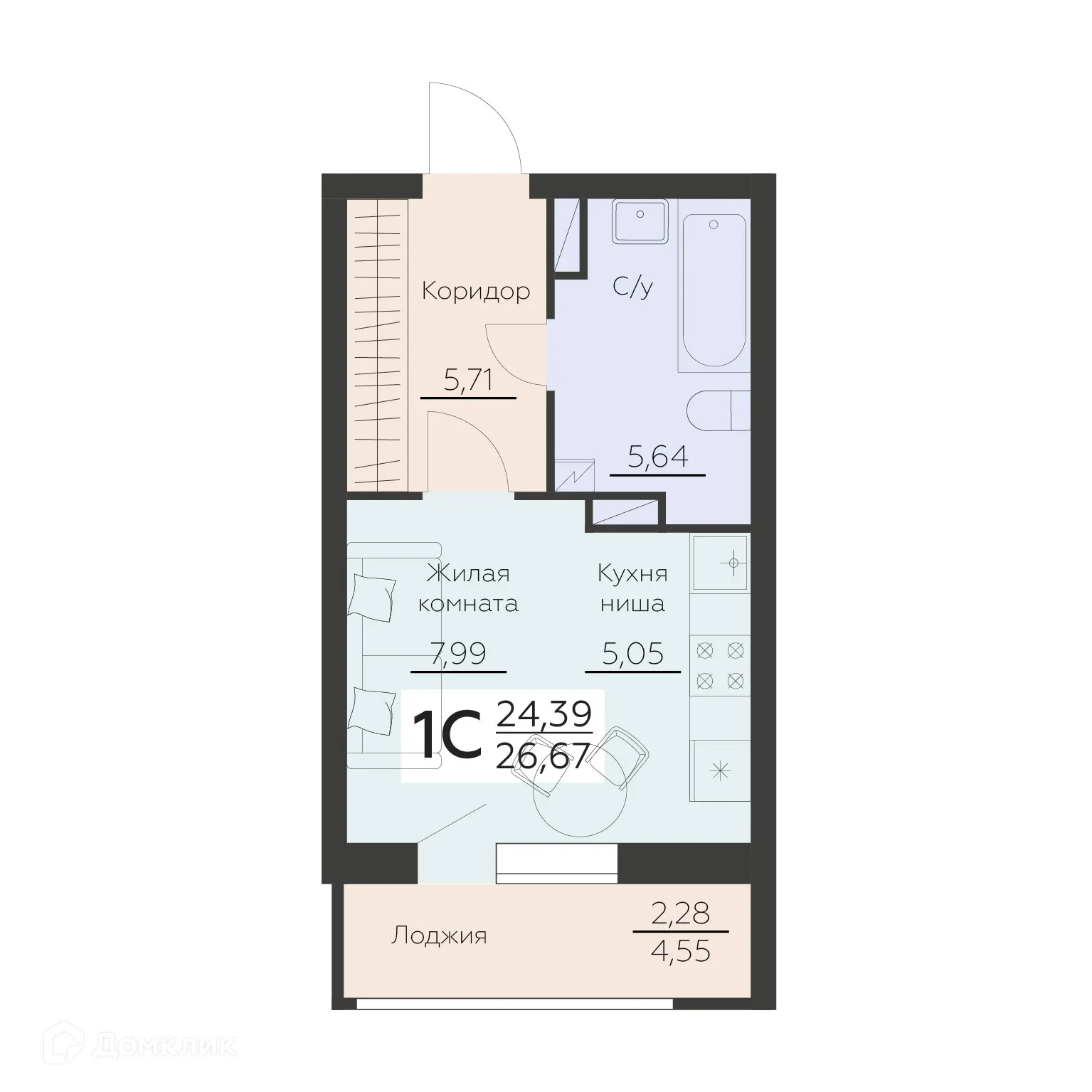 Планировка 1-комнатной квартиры 26.67 м² в ЖК Заря, г. Воронеж — фото 1
