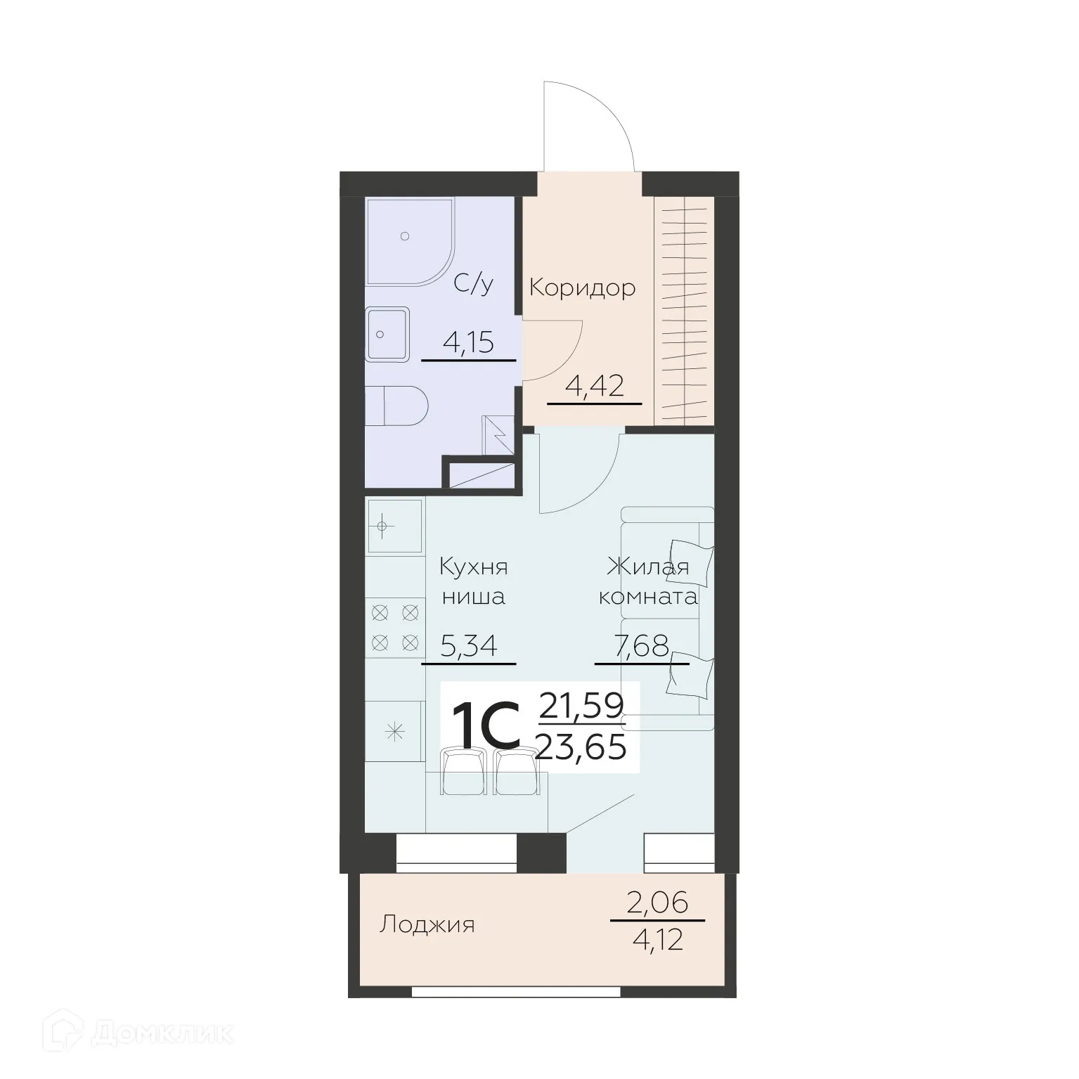 Планировка 1-комнатной квартиры 23.65 м² в ЖК Заря, г. Воронеж — фото 1