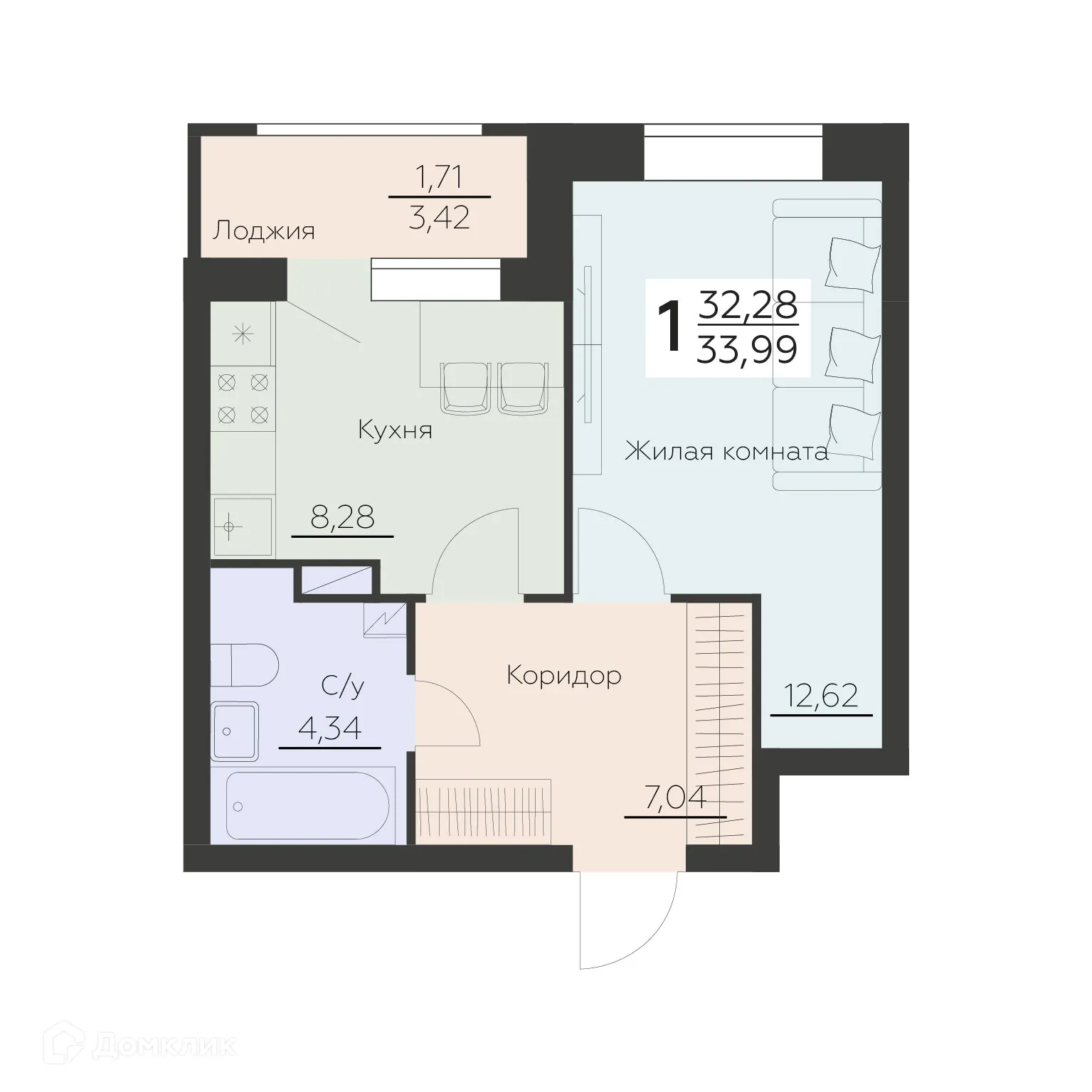 Планировка 1-комнатной квартиры 33.99 м² в ЖК Заря, г. Воронеж — фото 1