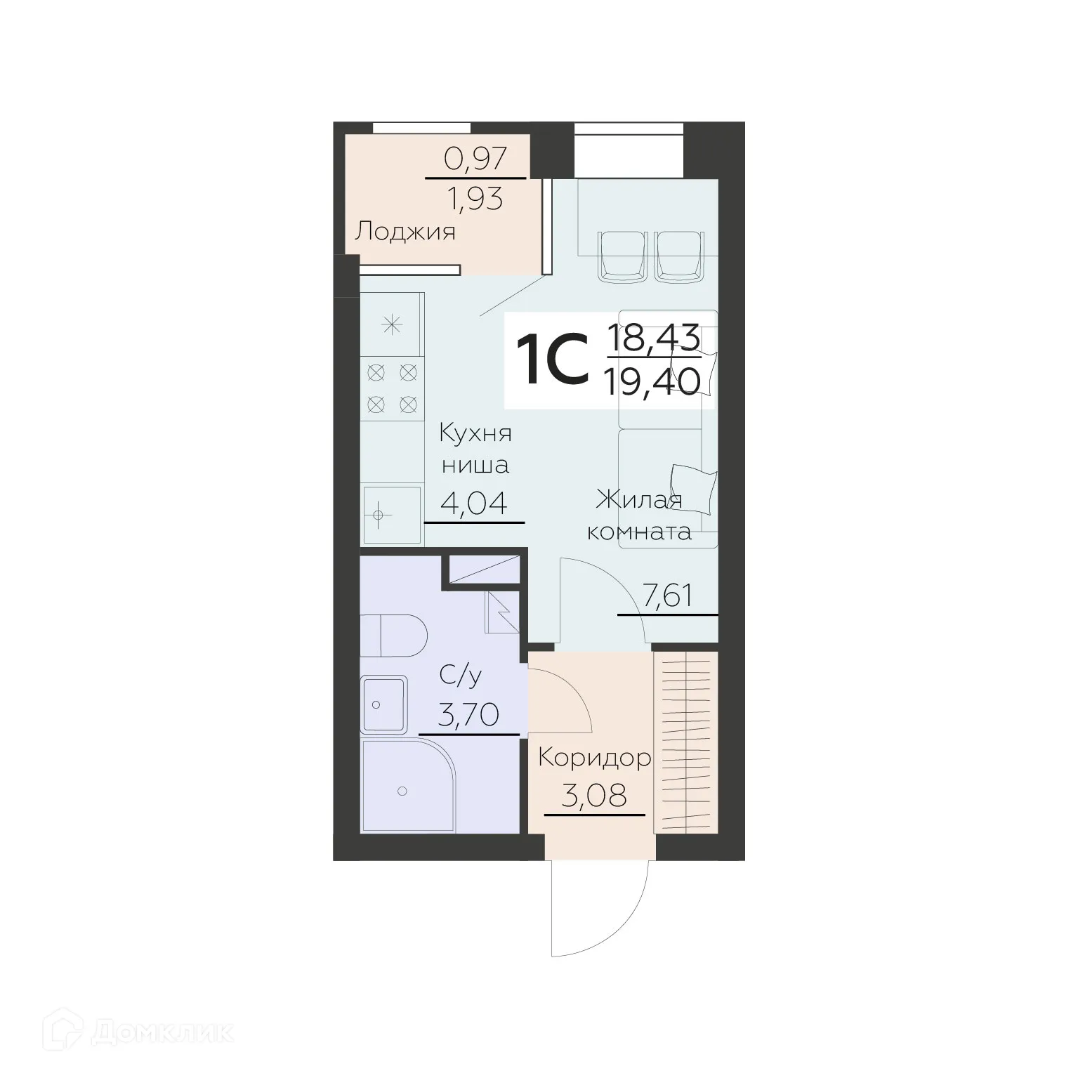 Планировка 1-комнатной квартиры 19.4 м² в ЖК Заря, г. Воронеж — фото 1