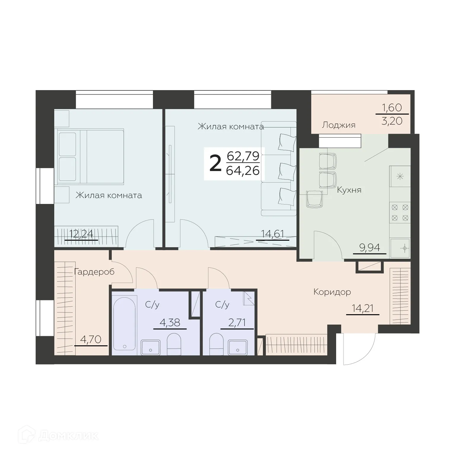 Планировка 2-комнатной квартиры 64.26 м² в ЖК Заря, г. Воронеж — фото 1
