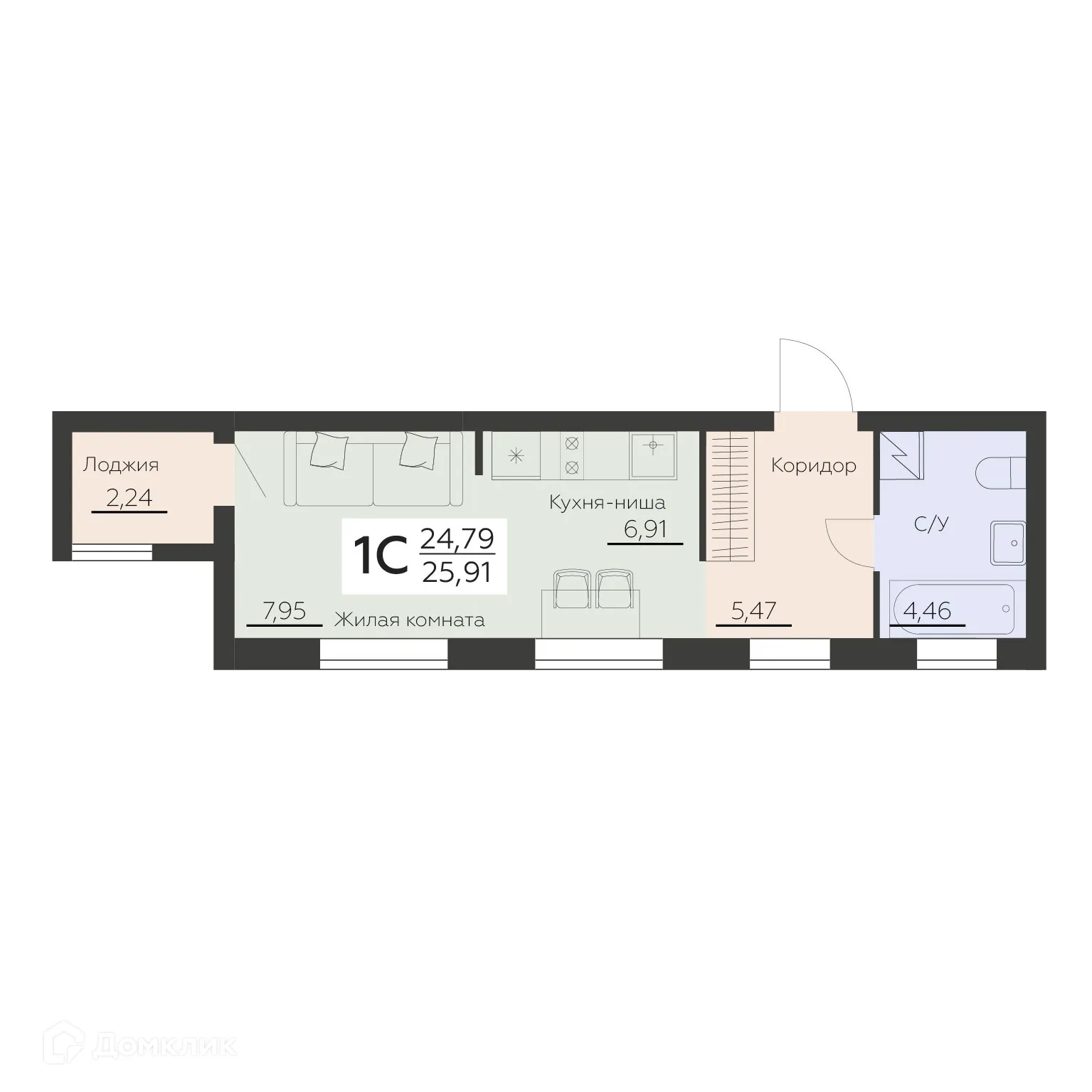 Планировка 1-комнатной квартиры 25.91 м² в ЖК Заря, г. Воронеж — фото 1