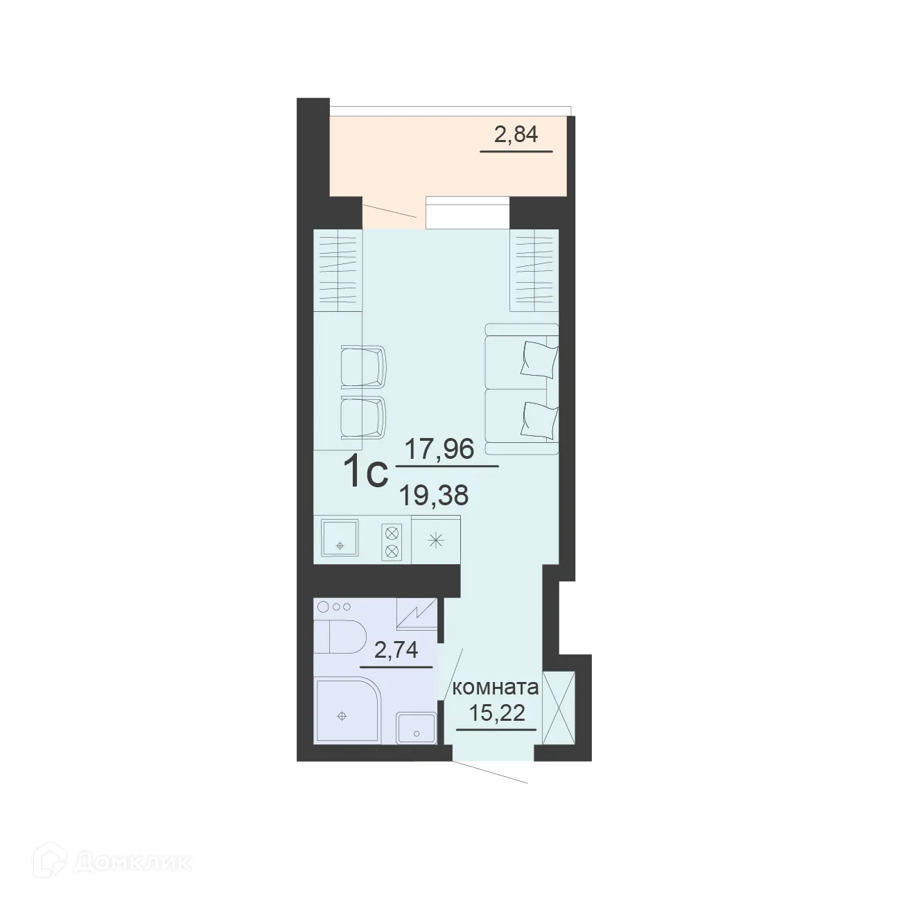 Планировка 1-комнатной квартиры 19.38 м² в ЖК ЖД Чехов, г. Воронеж — фото 1