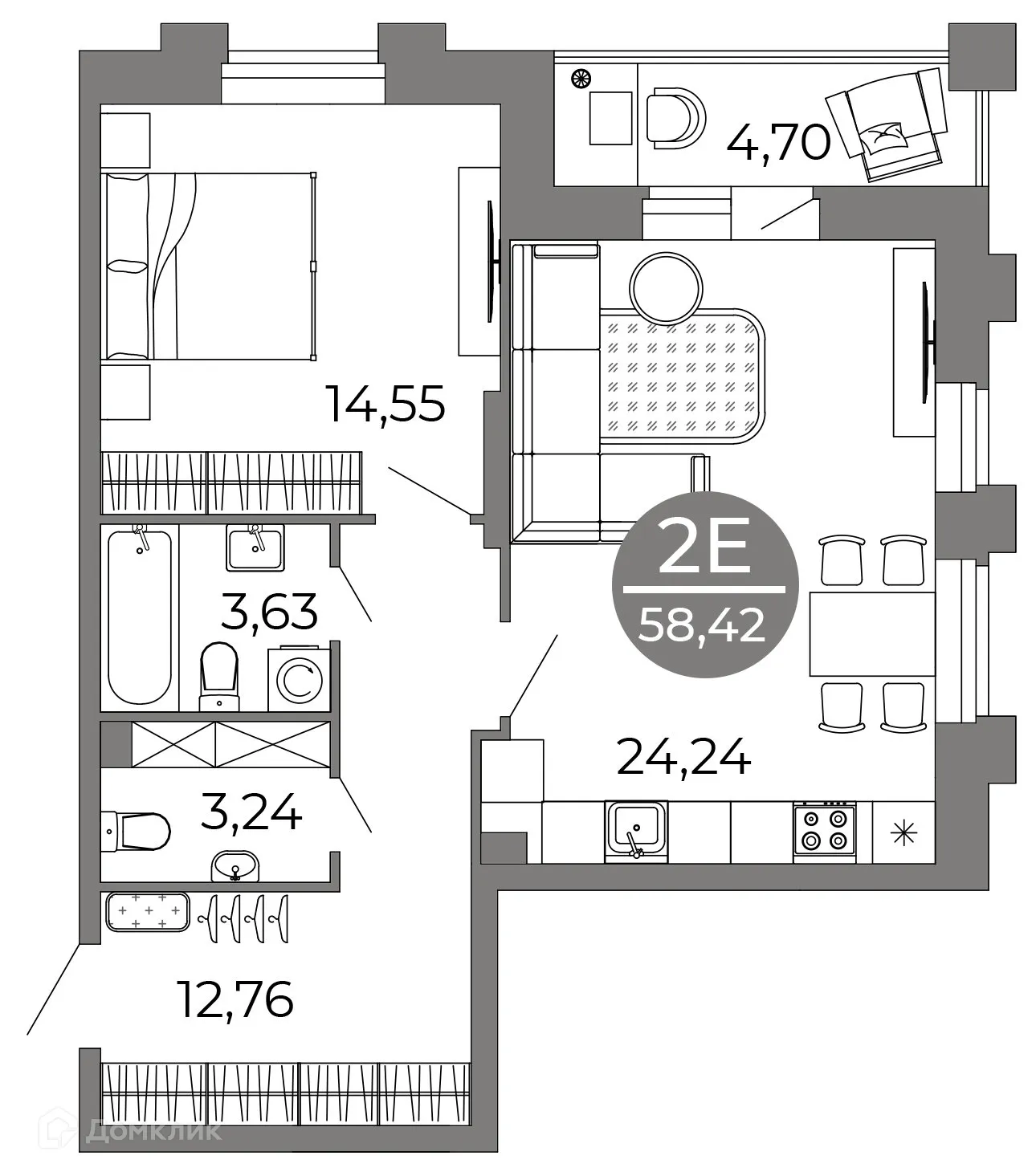 Планировка 2-комнатной квартиры 60.77 м² в ЖК Галилей, г. Воронеж — фото 4