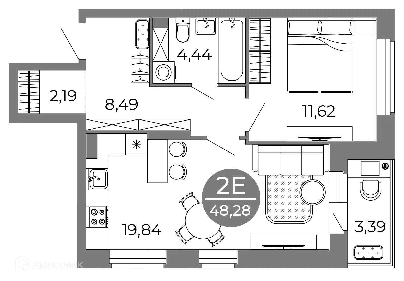 Планировка 2-комнатной квартиры 48.28 м² в ЖК Галилей, г. Воронеж — фото 4