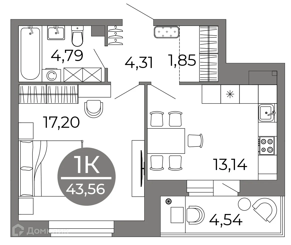 Планировка 1-комнатной квартиры 43.56 м² в ЖК Галилей, г. Воронеж — фото 4