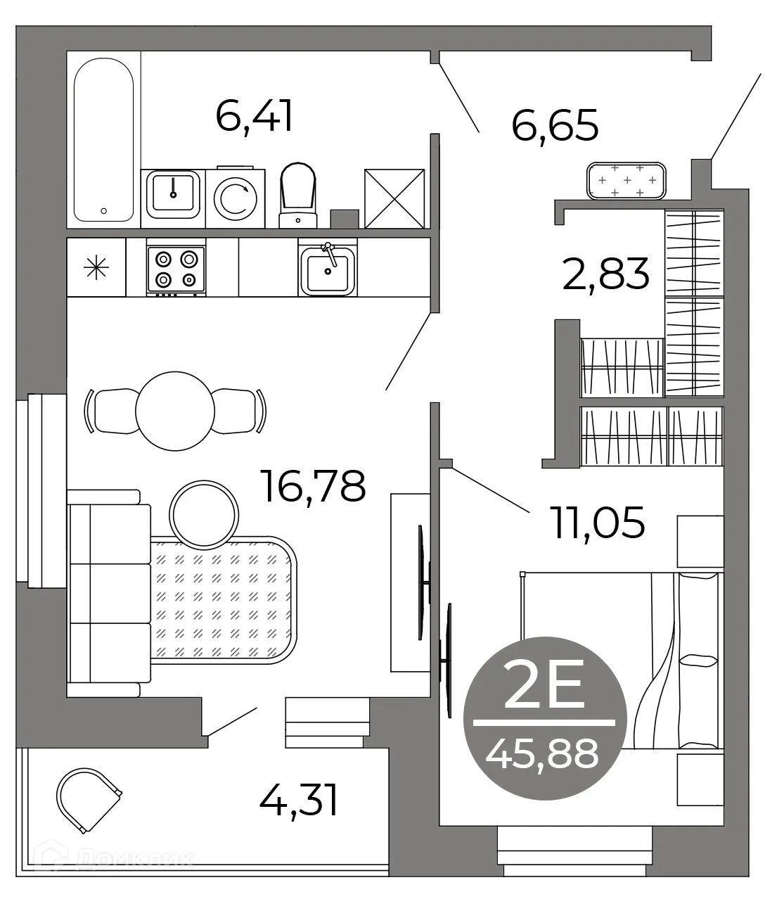 Планировка 2-комнатной квартиры 45.88 м² в ЖК Галилей, г. Воронеж — фото 4