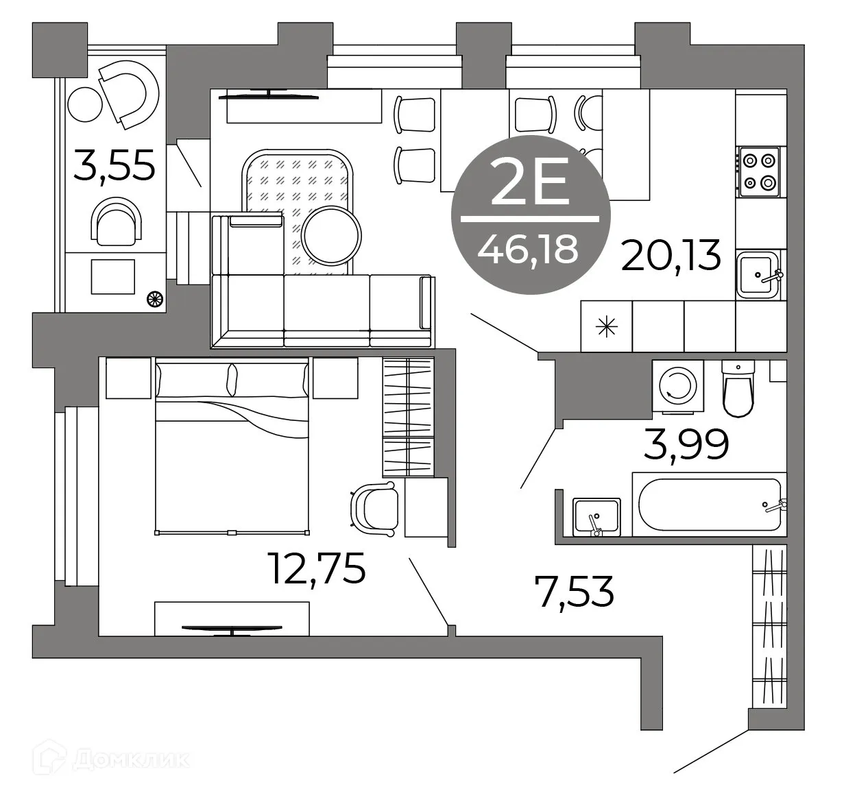 Планировка 2-комнатной квартиры 46.18 м² в ЖК Галилей, г. Воронеж — фото 4