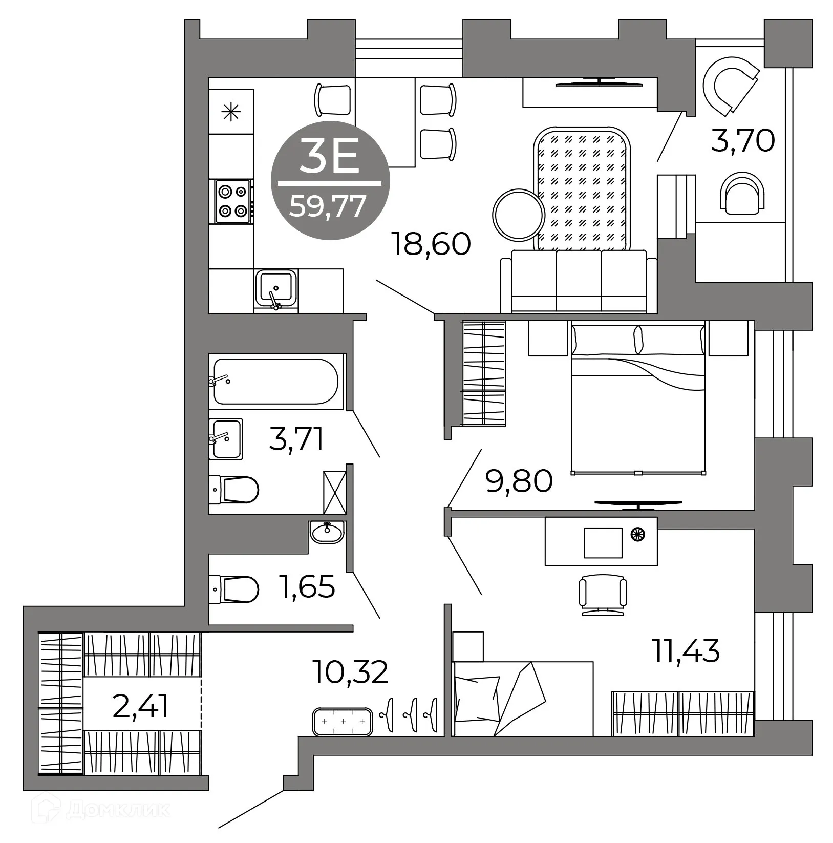 Планировка 3-комнатной квартиры 59.77 м² в ЖК Галилей, г. Воронеж — фото 4