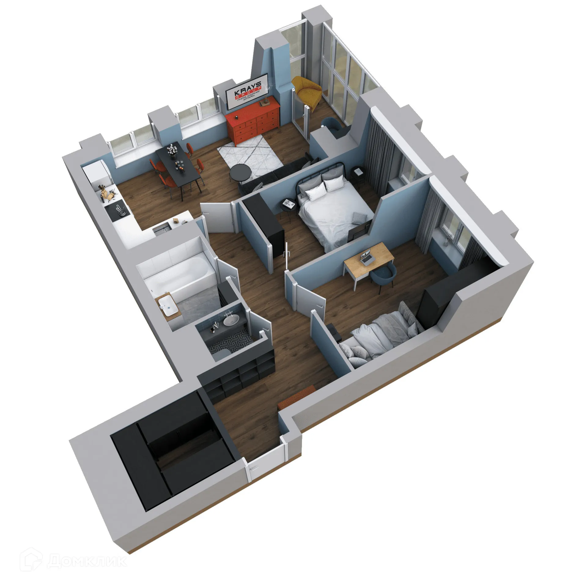 Планировка 3-комнатной квартиры 59.77 м² в ЖК Галилей, г. Воронеж — фото 5