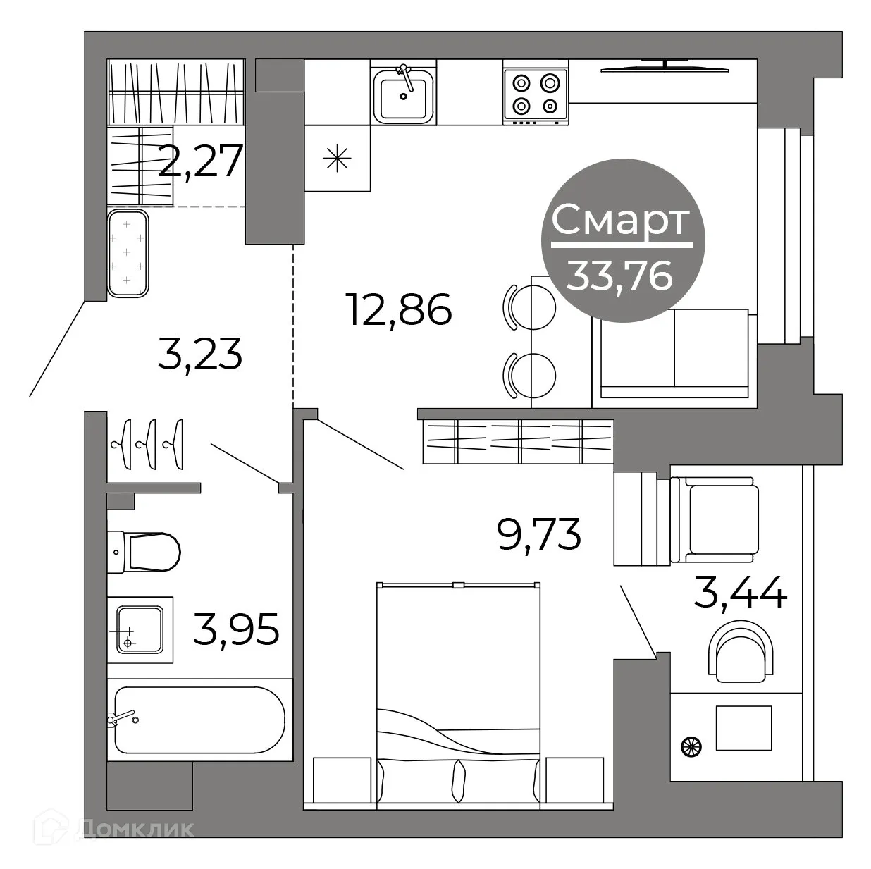 Планировка 1-комнатной квартиры 33.76 м² в ЖК Галилей, г. Воронеж — фото 1