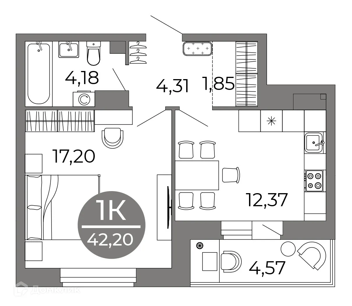 Планировка 1-комнатной квартиры 42.2 м² в ЖК Галилей, г. Воронеж — фото 1