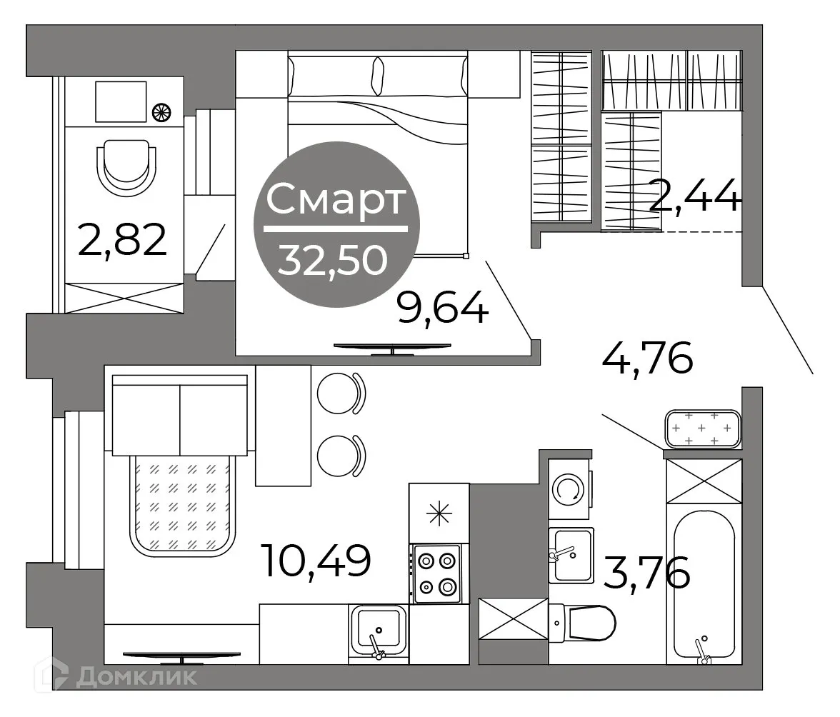 Планировка 1-комнатной квартиры 32.5 м² в ЖК Галилей, г. Воронеж — фото 1