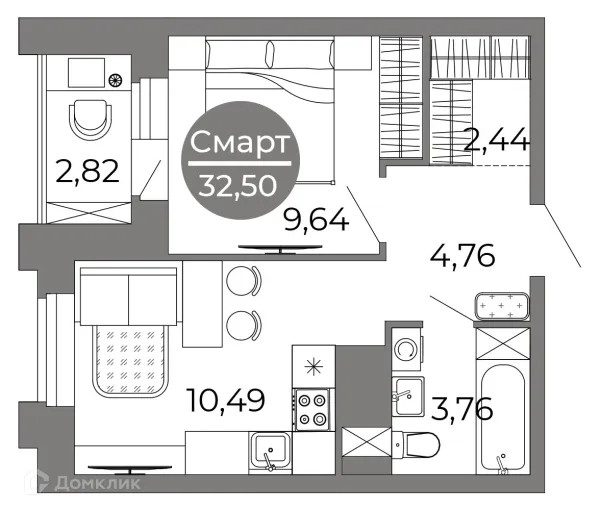 Планировка 1 комн. в ЖК Галилей