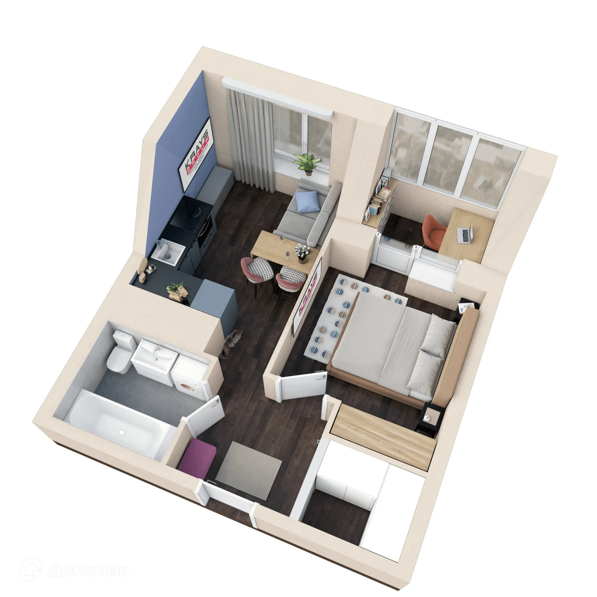 Планировка 1-комнатной квартиры 32.5 м² в ЖК Галилей, г. Воронеж — фото 2