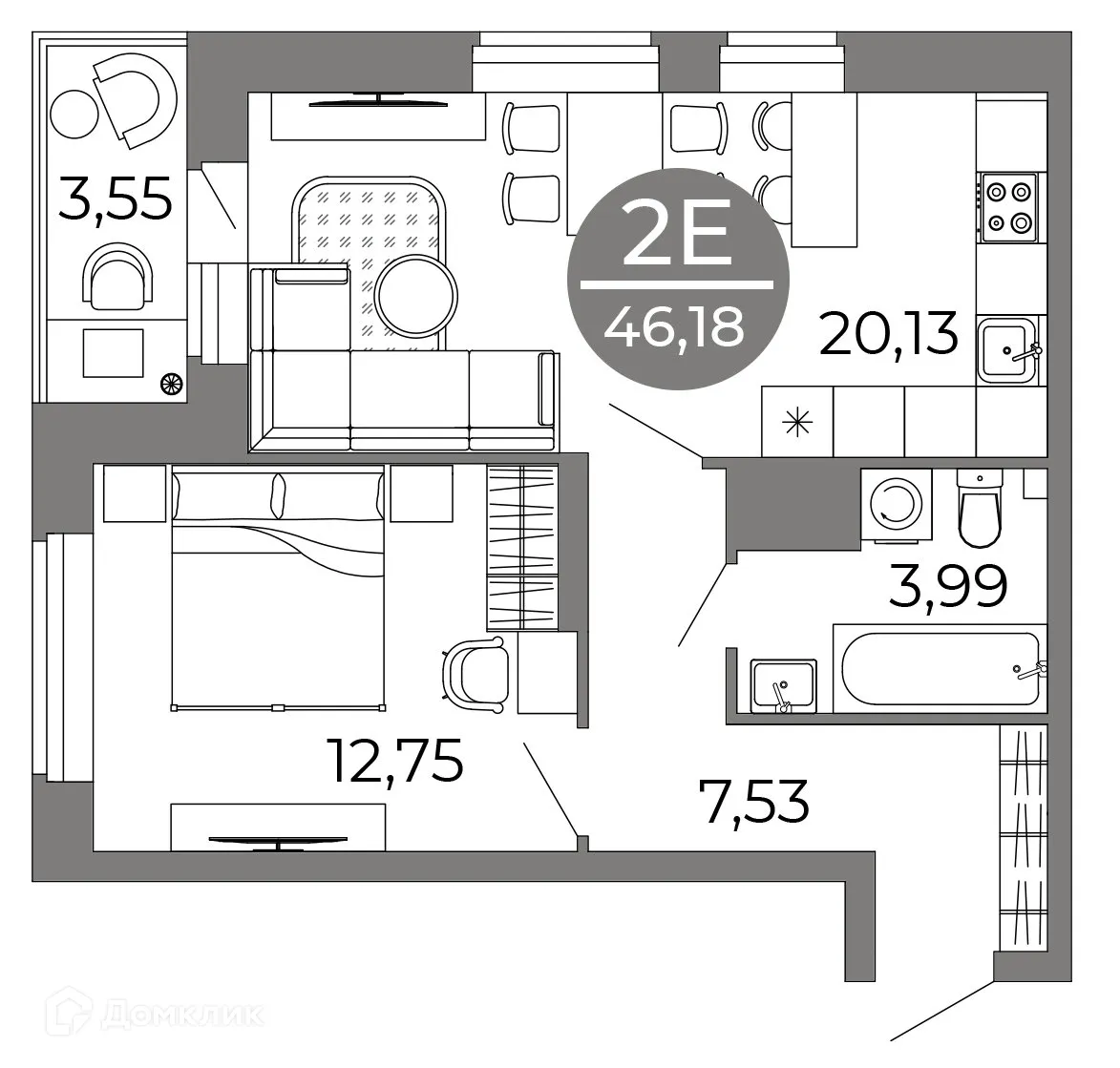 Планировка 2-комнатной квартиры 46.18 м² в ЖК Галилей, г. Воронеж — фото 1