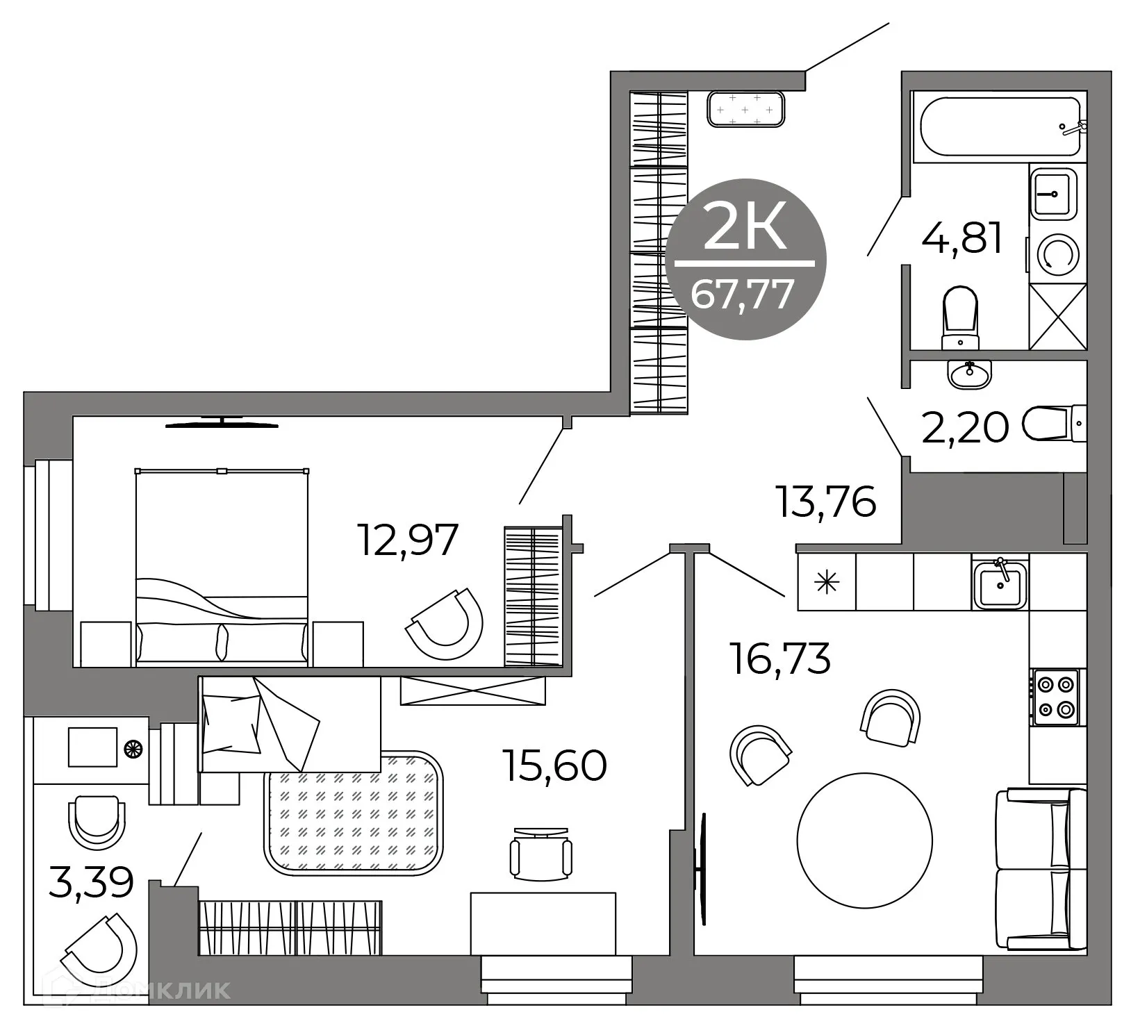 Планировка 2-комнатной квартиры 67.77 м² в ЖК Галилей, г. Воронеж — фото 4