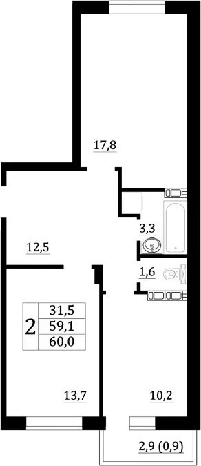Планировка 2-комнатной квартиры 60 м² в ЖК "Героев Стратосферы", г. Воронеж — фото 3
