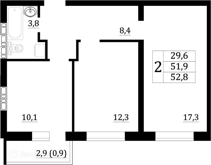 Планировка 2-комнатной квартиры 52.8 м² в ЖК "Героев Стратосферы", г. Воронеж — фото 1