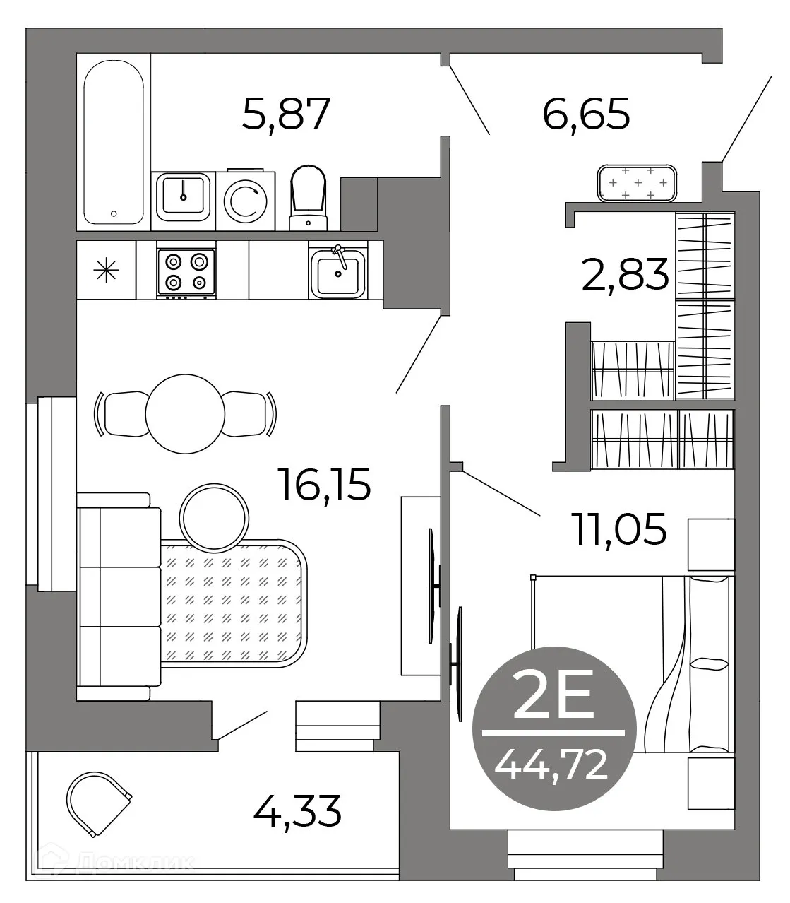 Планировка 2-комнатной квартиры 44.72 м² в ЖК Галилей, г. Воронеж — фото 1