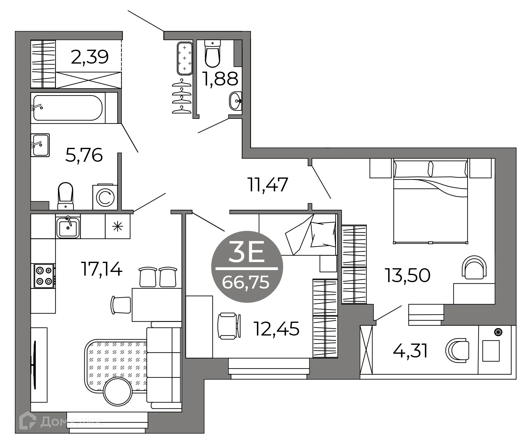Планировка 2-комнатной квартиры 66.75 м² в ЖК Галилей, г. Воронеж — фото 4