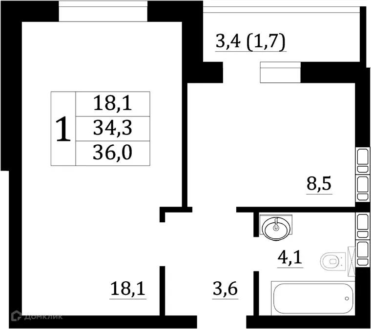 Планировка 1-комнатной квартиры 36 м² в ЖК "Героев Стратосферы", г. Воронеж — фото 3