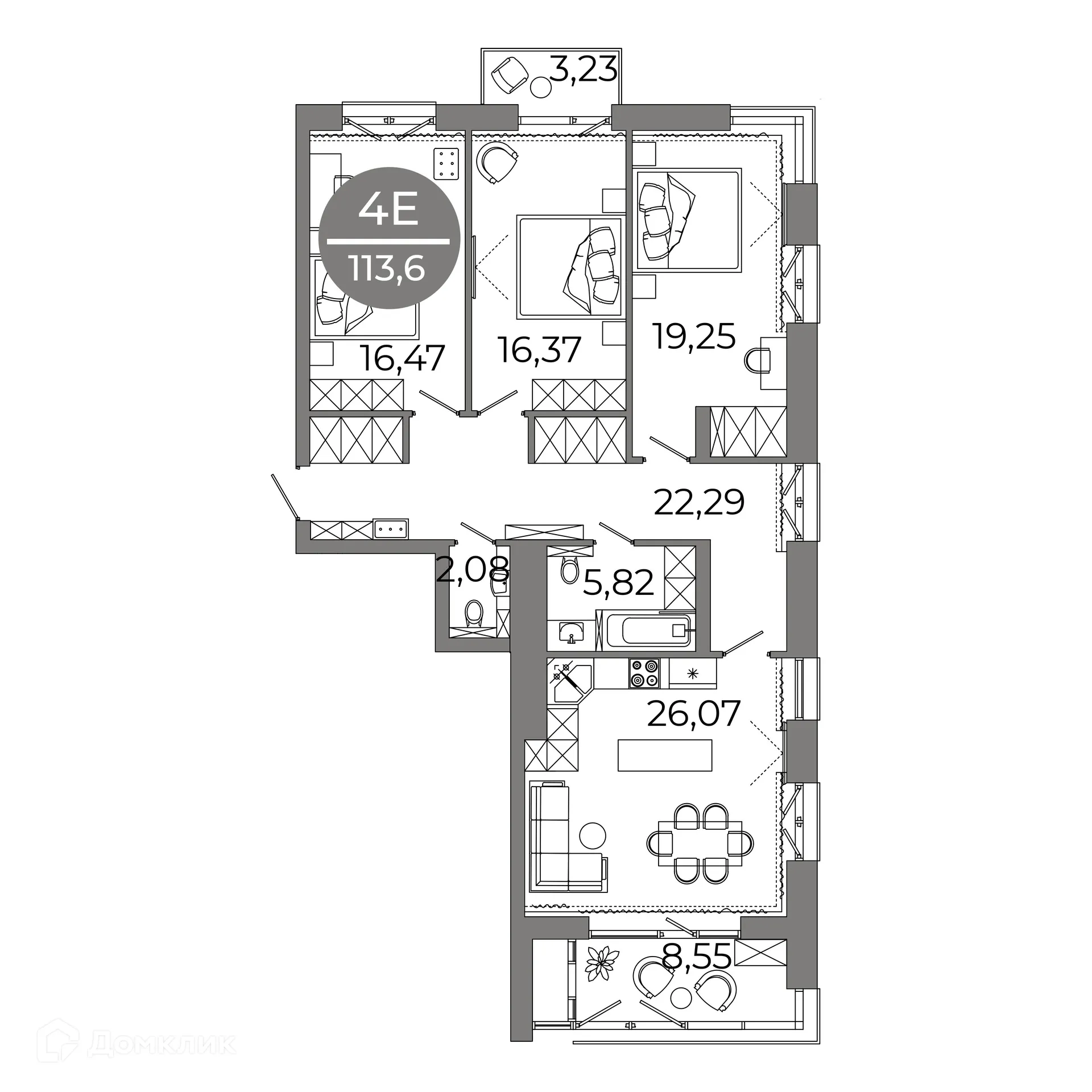 Планировка 4-комнатной квартиры 113.6 м² в ЖК Клубный дом "905", г. Улан-Удэ — фото 4