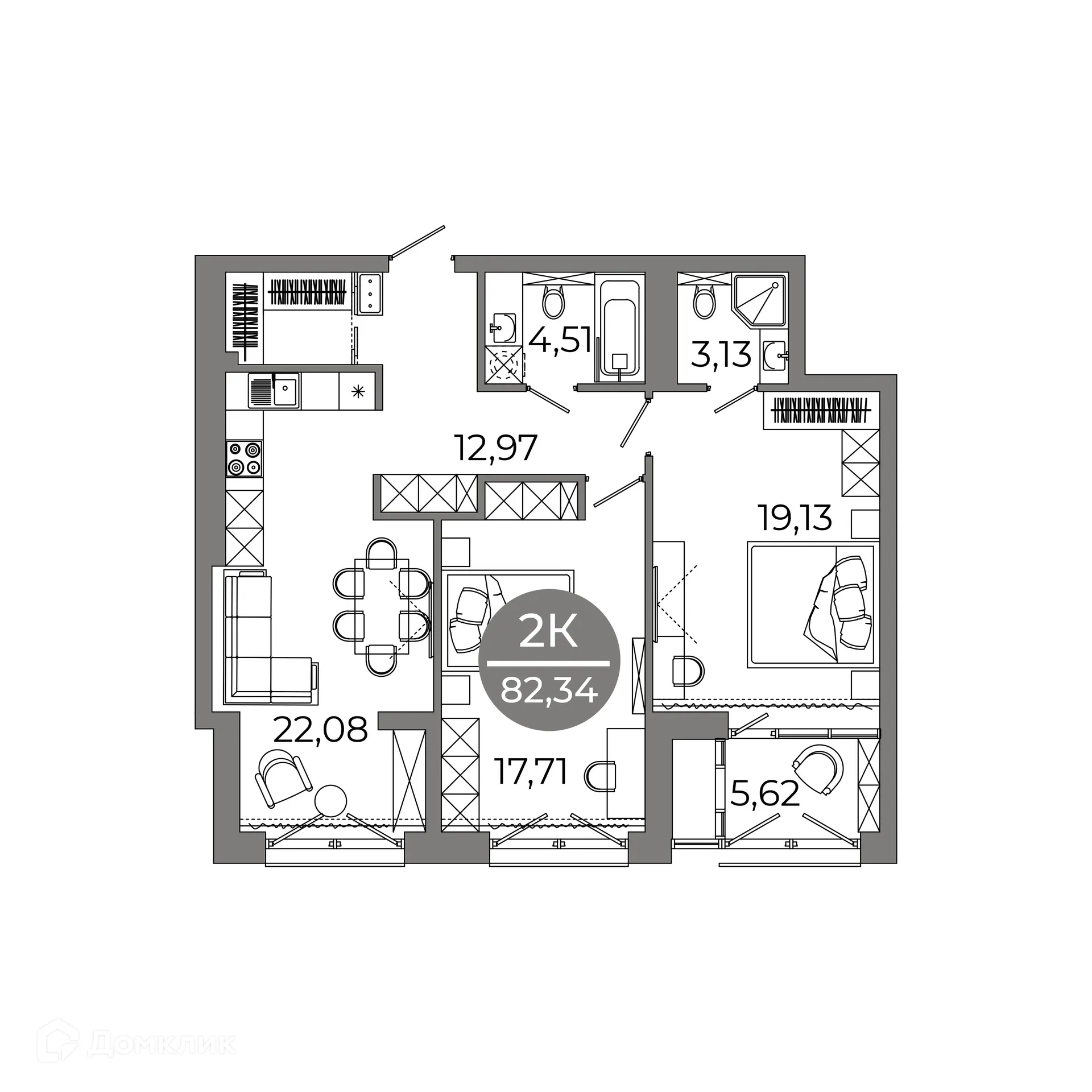 Планировка 2-комнатной квартиры 82.34 м² в ЖК Клубный дом "905", г. Улан-Удэ — фото 4