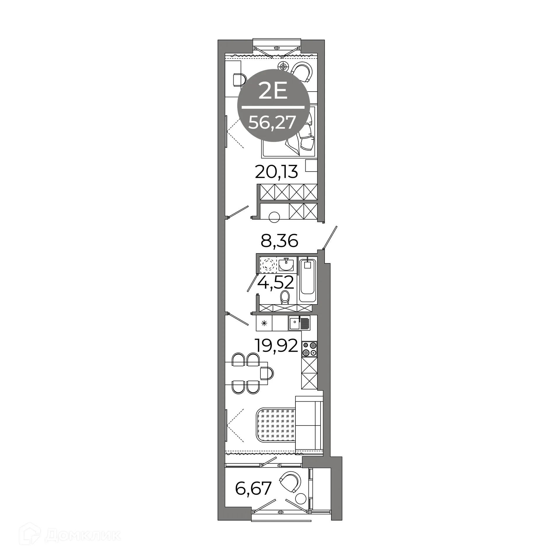 Планировка 2-комнатной квартиры 56.27 м² в ЖК Клубный дом "905", г. Улан-Удэ — фото 4