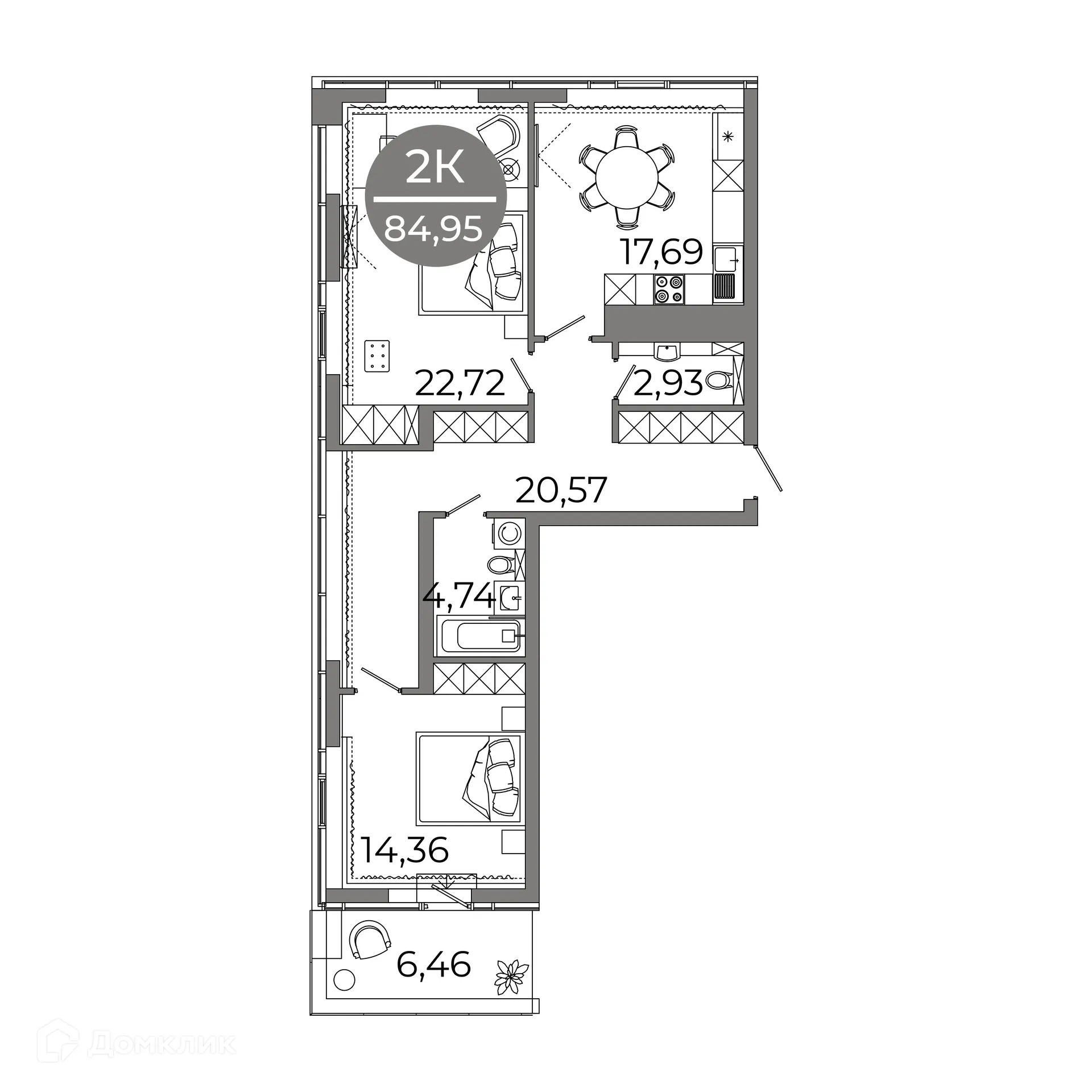 Планировка 2-комнатной квартиры 84.95 м² в ЖК Клубный дом "905", г. Улан-Удэ — фото 4