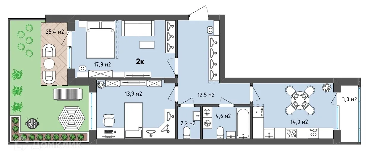 Планировка 2-комнатной квартиры 74.2 м² в ЖК Джаз, г. Воронеж — фото 5