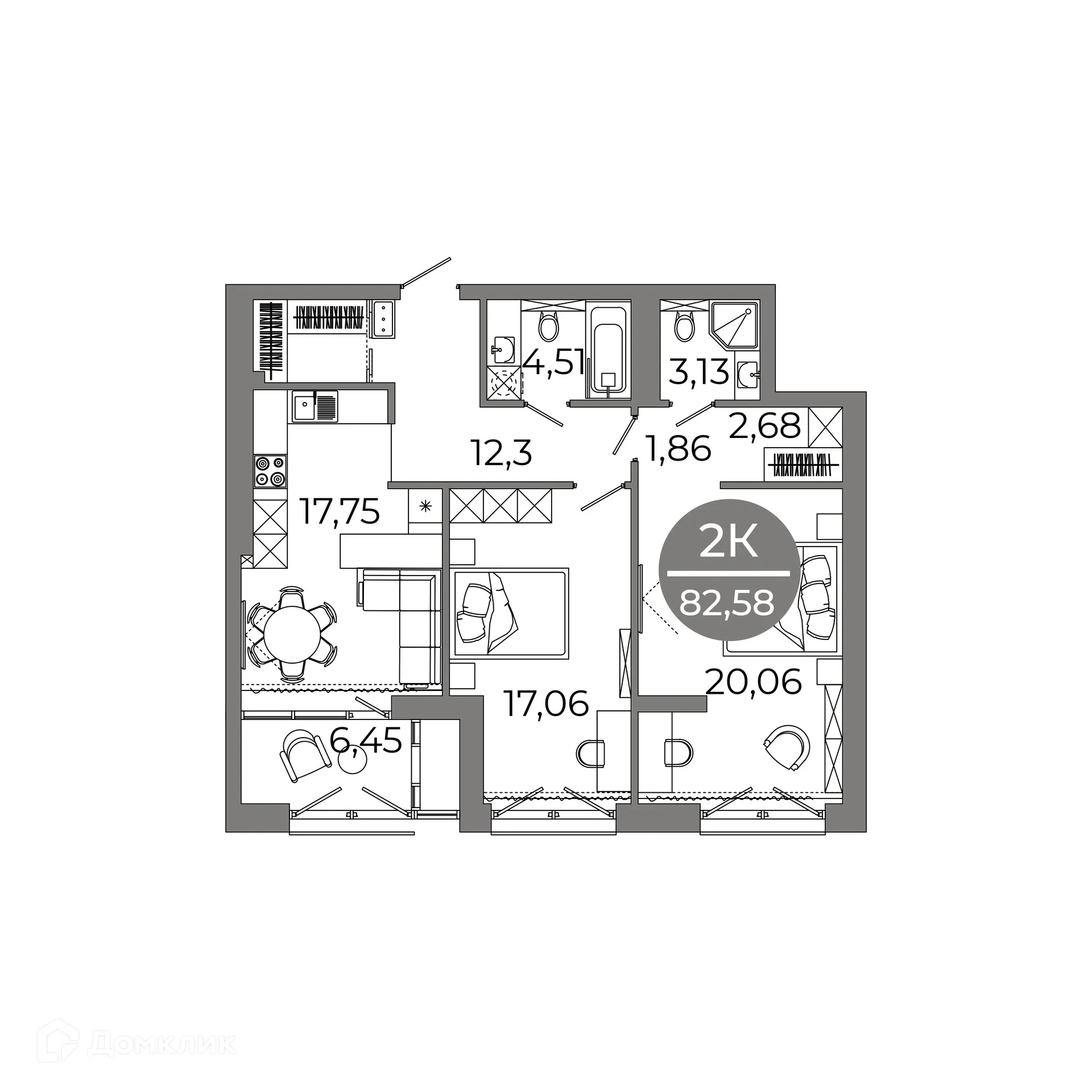 Планировка 2-комнатной квартиры 82.58 м² в ЖК Клубный дом "905", г. Улан-Удэ — фото 4
