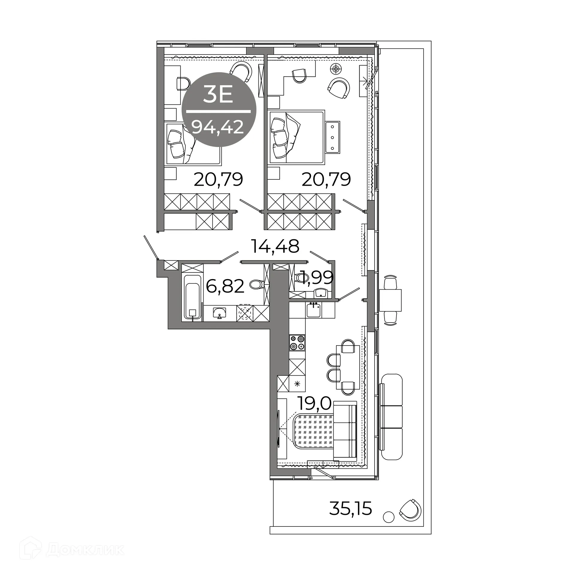 Планировка 3-комнатной квартиры 94.42 м² в ЖК Клубный дом "905", г. Улан-Удэ — фото 4