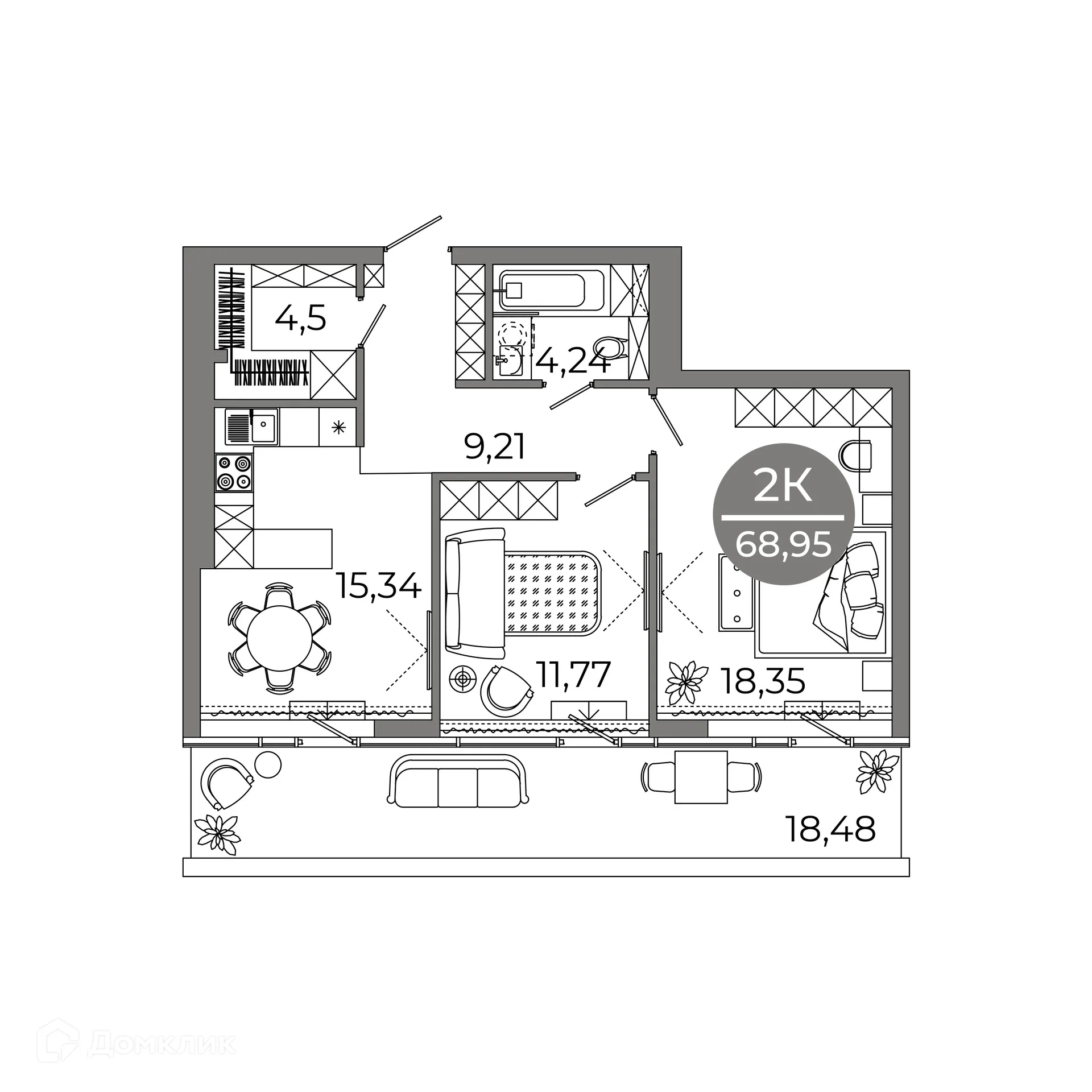 Планировка 2-комнатной квартиры 68.95 м² в ЖК Клубный дом "905", г. Улан-Удэ — фото 4