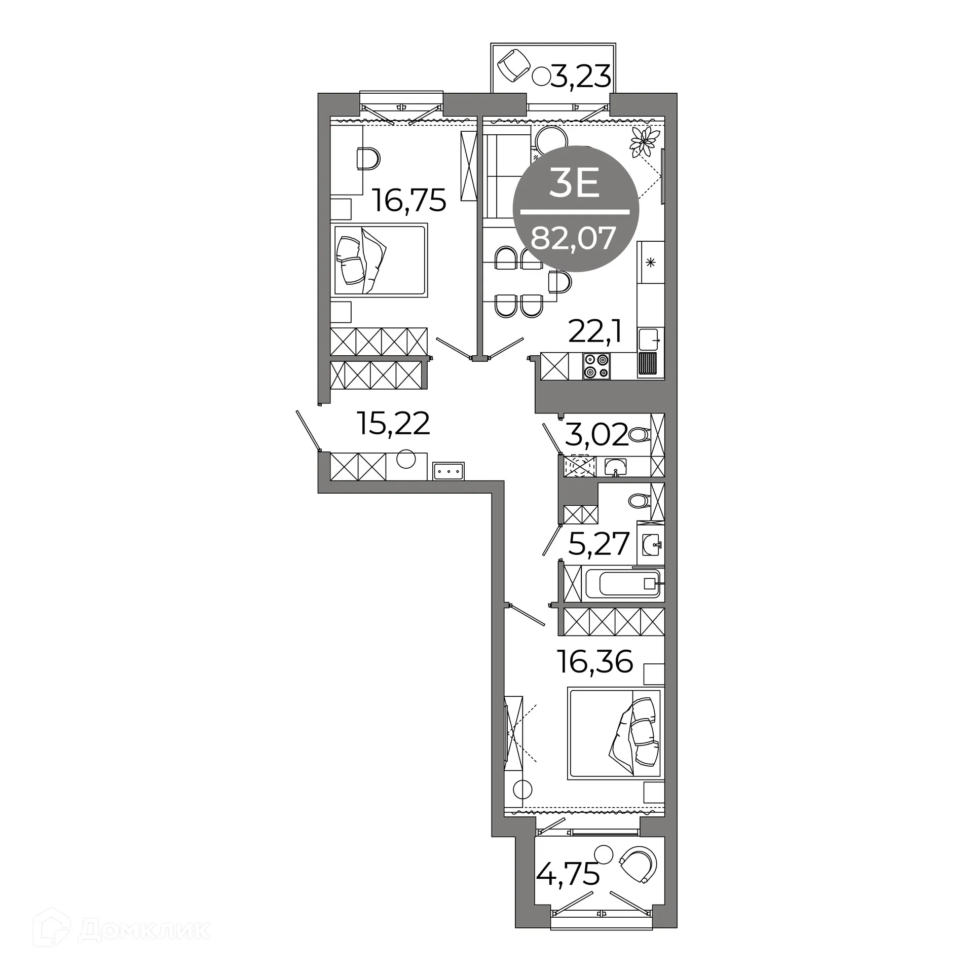 Планировка 3-комнатной квартиры 82.06 м² в ЖК Клубный дом "905", г. Улан-Удэ — фото 4