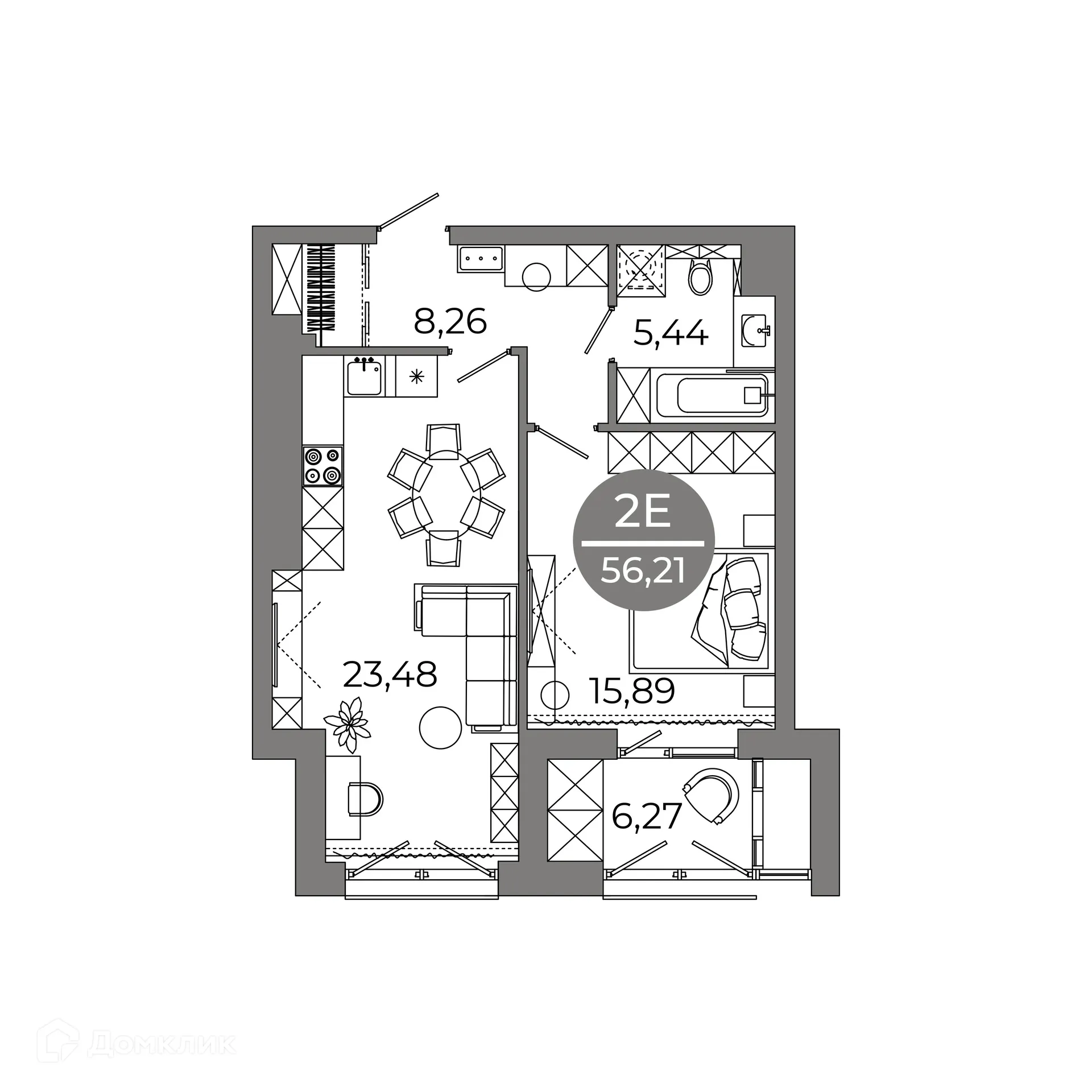 Планировка 2-комнатной квартиры 56.21 м² в ЖК Клубный дом "905", г. Улан-Удэ — фото 4
