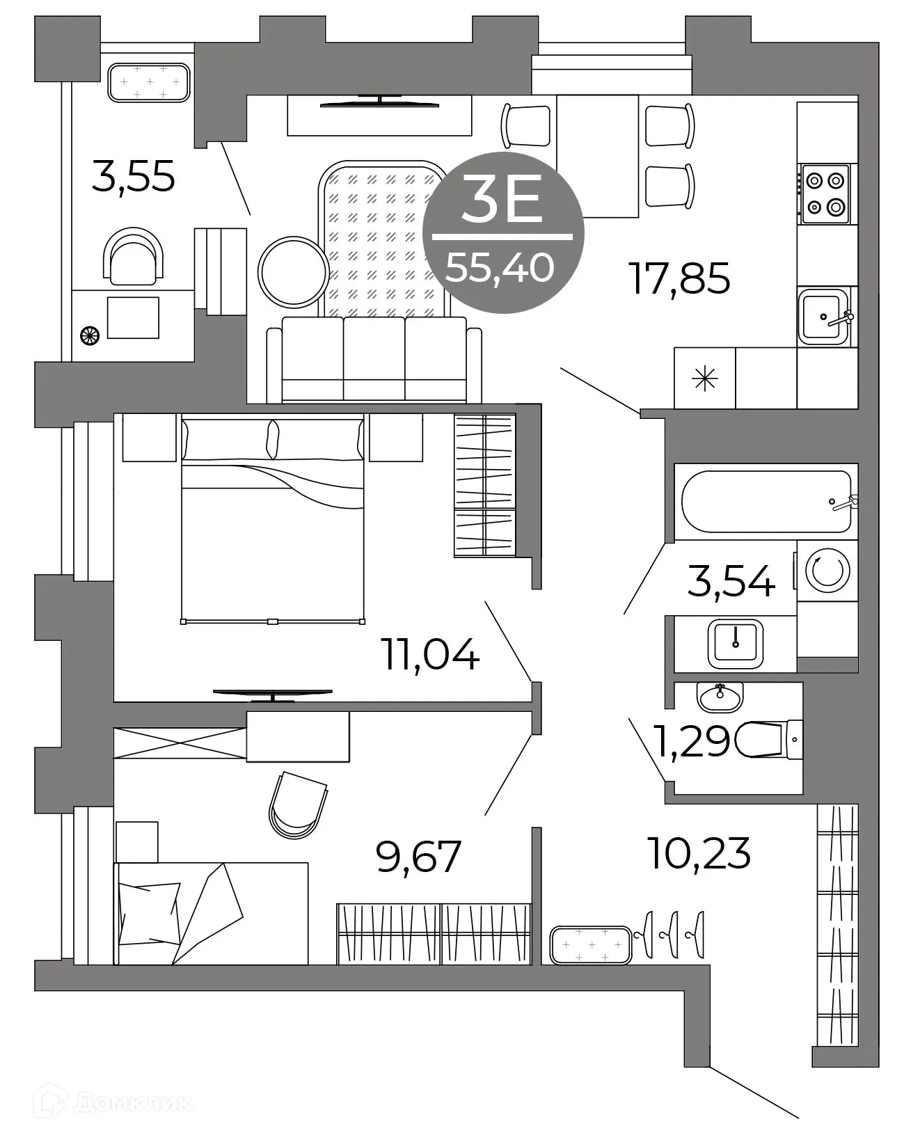 Планировка 3-комнатной квартиры 55.4 м² в ЖК Галилей, г. Воронеж — фото 1