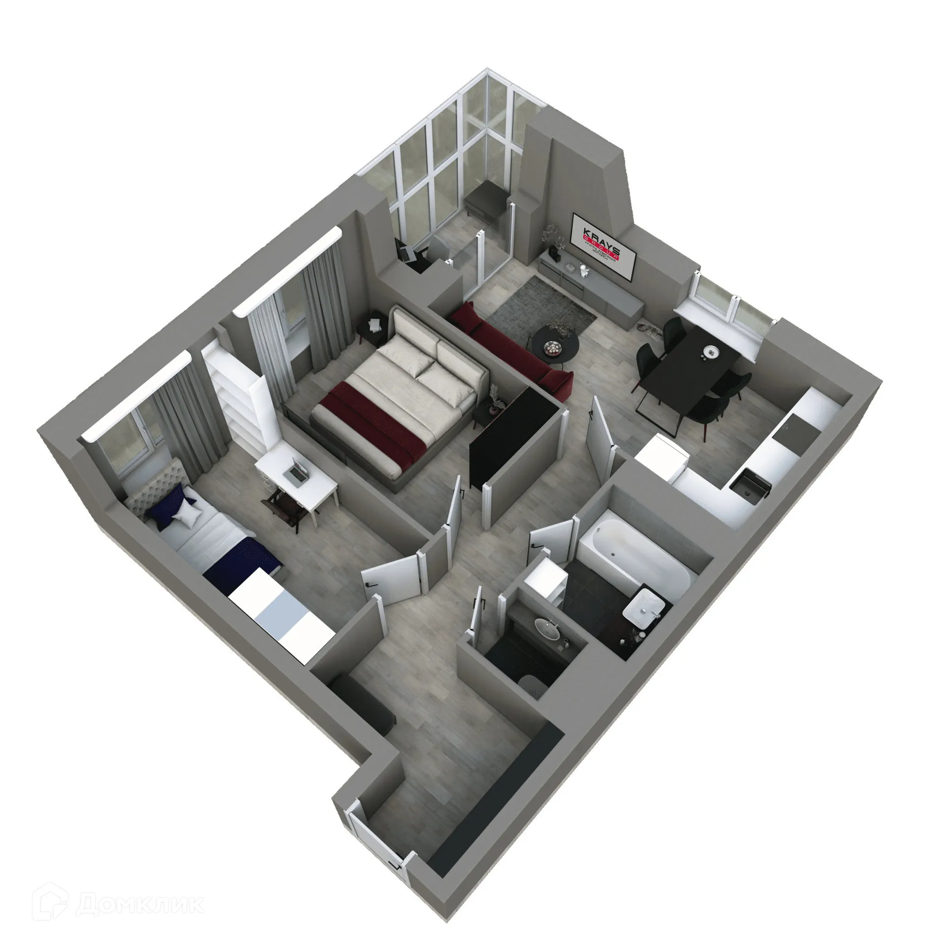 Планировка 3-комнатной квартиры 55.4 м² в ЖК Галилей, г. Воронеж — фото 2