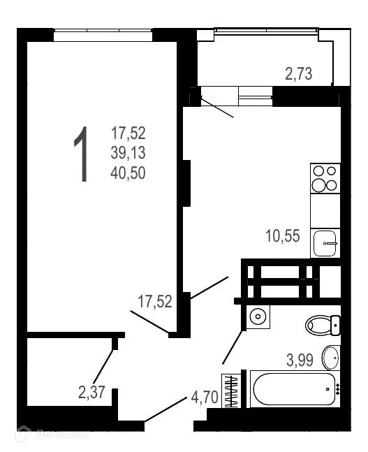 Планировка 1-комнатной квартиры 40.5 м² в ЖК Никитин, г. Воронеж — фото 1