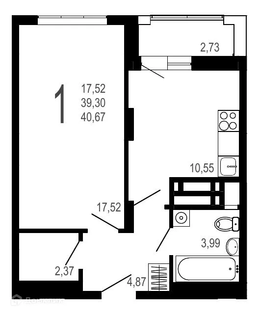 Планировка 1-комнатной квартиры 40.67 м² в ЖК Никитин, г. Воронеж — фото 1