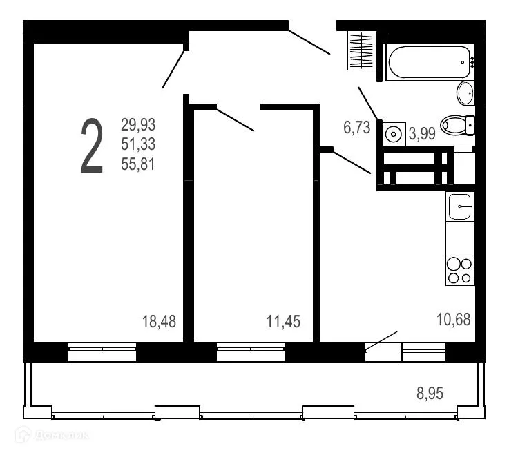 Планировка 2-комнатной квартиры 55.81 м² в ЖК Никитин, г. Воронеж — фото 1