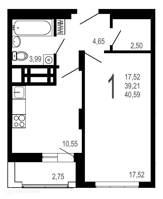 Планировка 1-комнатной квартиры 40.59 м² в ЖК Никитин, г. Воронеж — фото 1