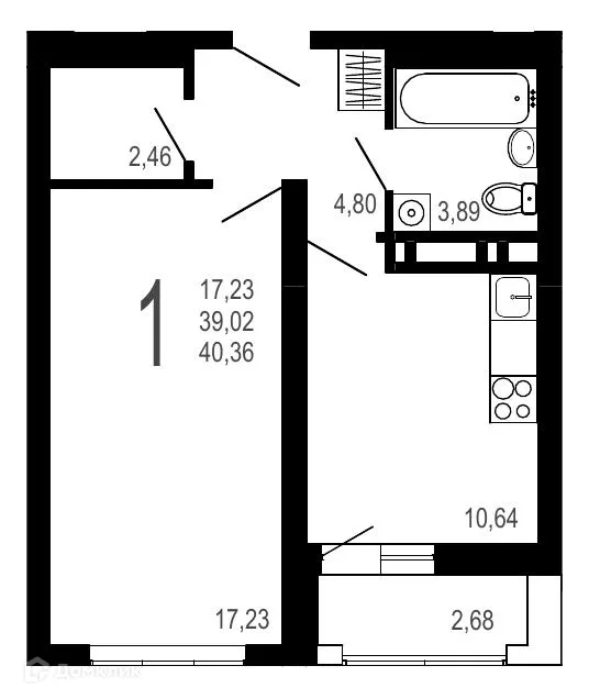 Планировка 1-комнатной квартиры 40.36 м² в ЖК Никитин, г. Воронеж — фото 1