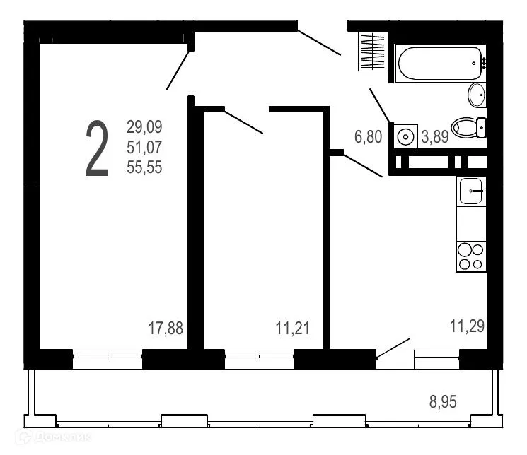 Планировка 2-комнатной квартиры 55.55 м² в ЖК Никитин, г. Воронеж — фото 1
