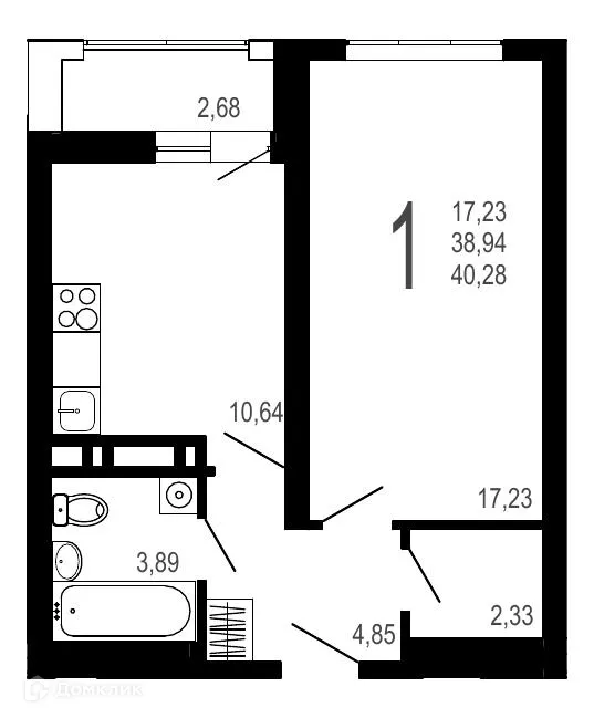 Планировка 1-комнатной квартиры 40.28 м² в ЖК Никитин, г. Воронеж — фото 1
