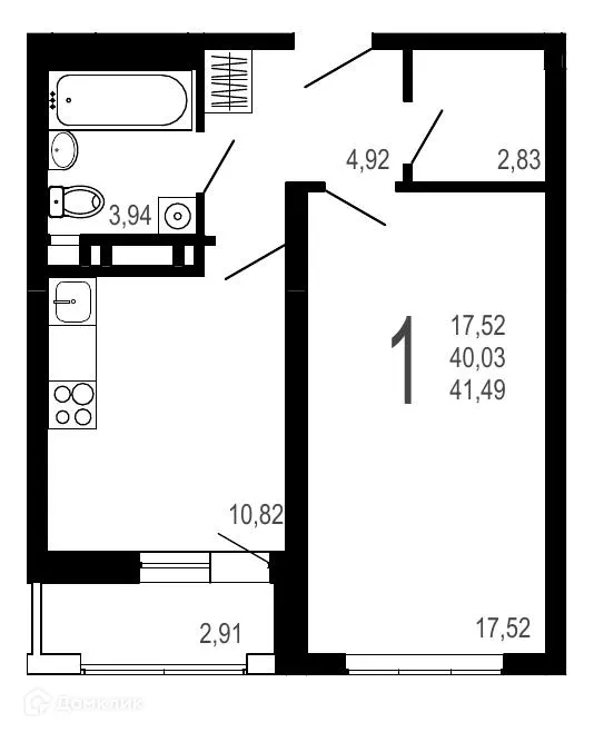 Планировка 1-комнатной квартиры 41.49 м² в ЖК Никитин, г. Воронеж — фото 1