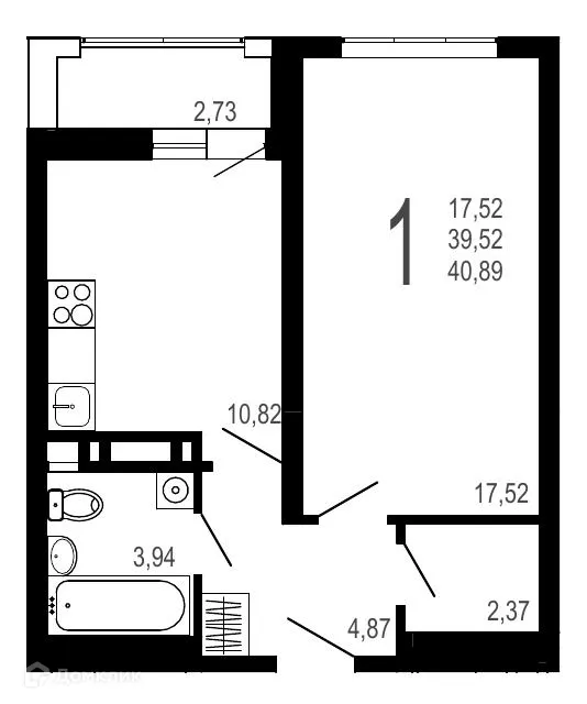 Планировка 1-комнатной квартиры 40.89 м² в ЖК Никитин, г. Воронеж — фото 1