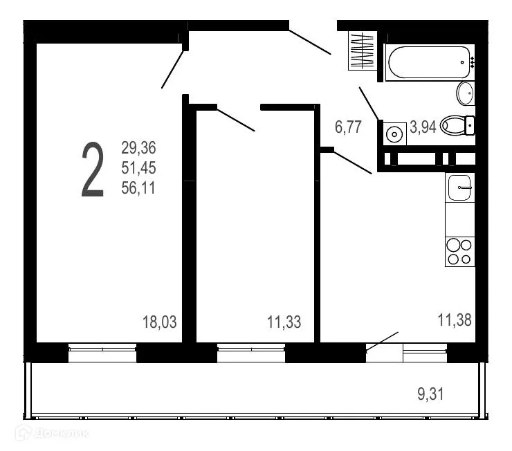 Планировка 2-комнатной квартиры 56.11 м² в ЖК Никитин, г. Воронеж — фото 1