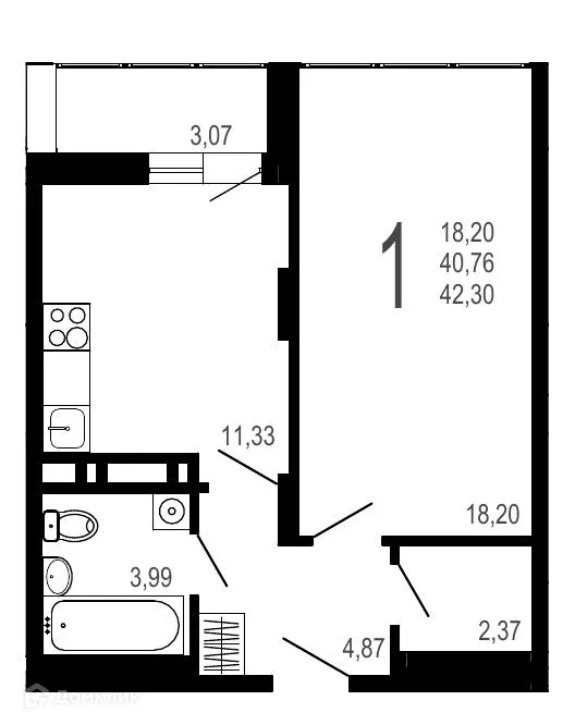 Планировка 1-комнатной квартиры 42.3 м² в ЖК Никитин, г. Воронеж — фото 1