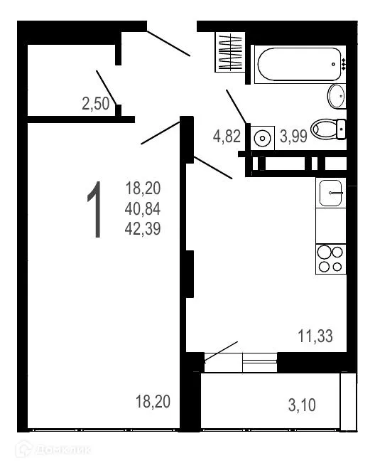 Планировка 1-комнатной квартиры 42.39 м² в ЖК Никитин, г. Воронеж — фото 1